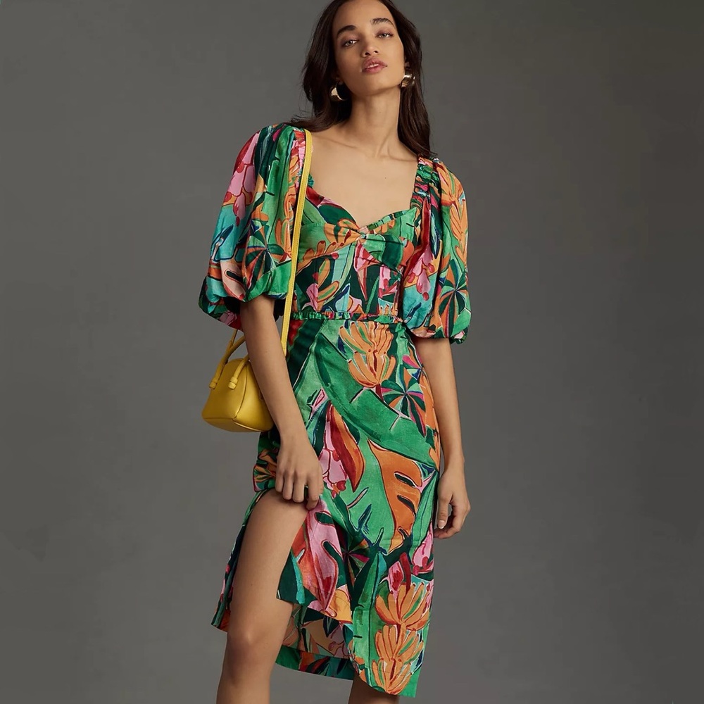 Floral Puff-Sleeve Green Midi Dress